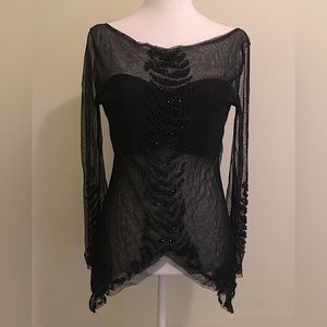 Night Out Blouse Long Sleeve Black Sheer Top with Beads